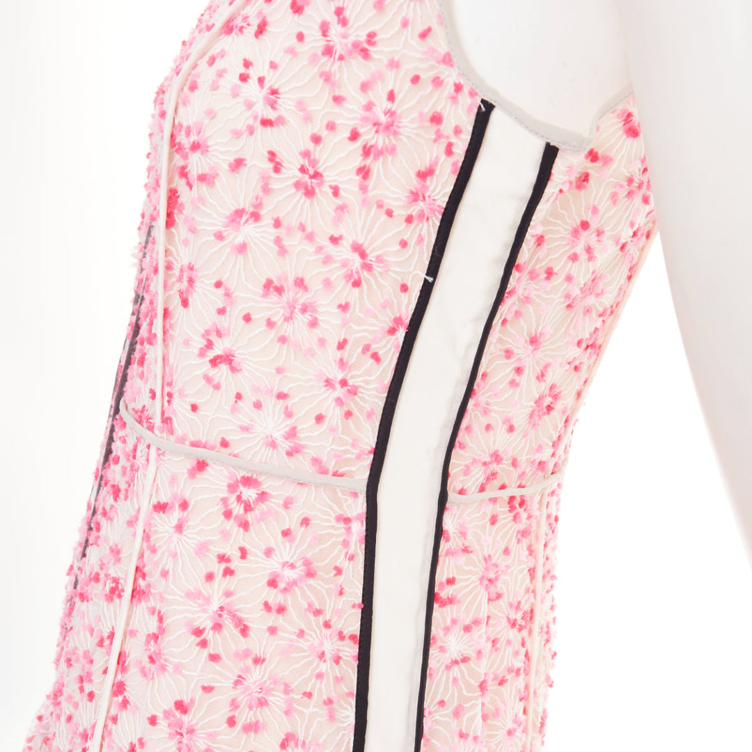 FENDI Flocked Blossom pink sheer black trim drop waist mini dress IT42 M