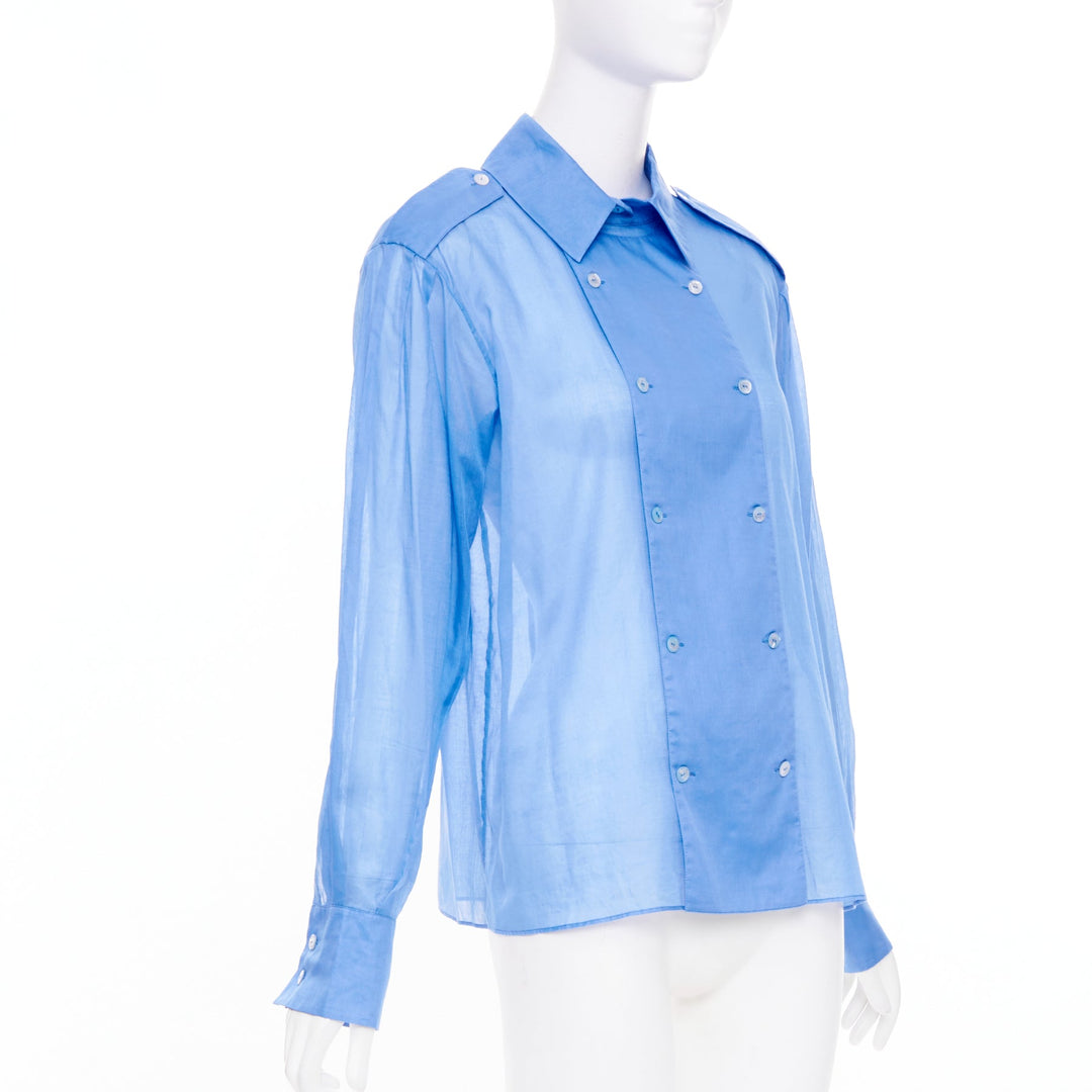 CHANEL sheer panel blue cotton double breasted epaulet button shirt FR38 M
