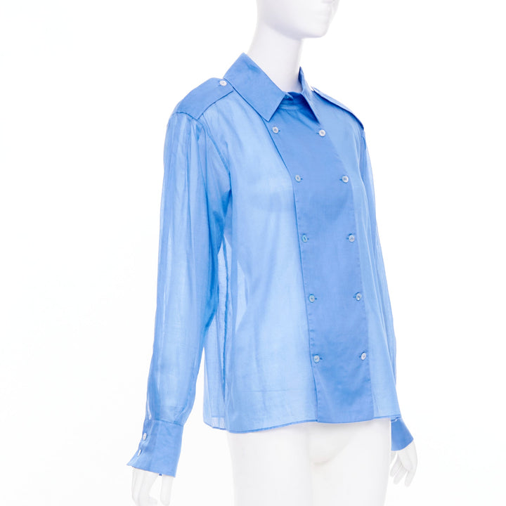 CHANEL sheer panel blue cotton double breasted epaulet button shirt FR38 M