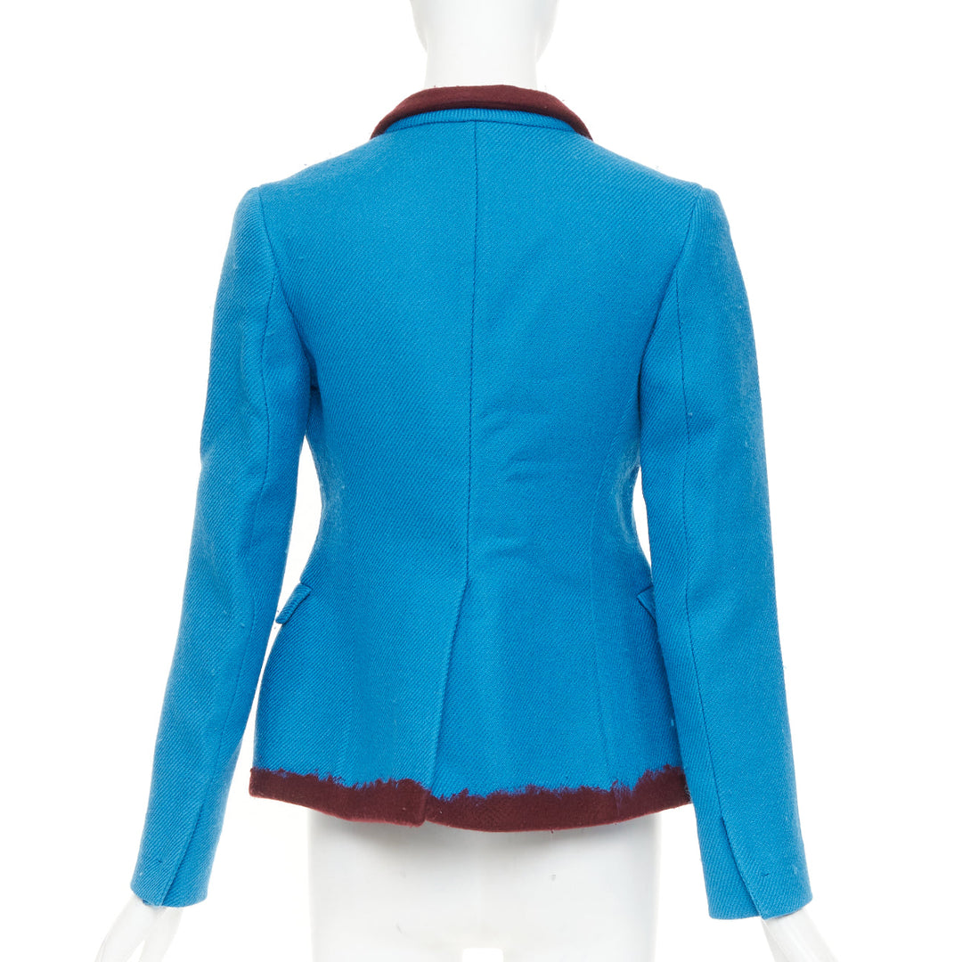 PRADA 2007 Runway turquoise wool raw edge burgundy felt trim blazer IT38 XS