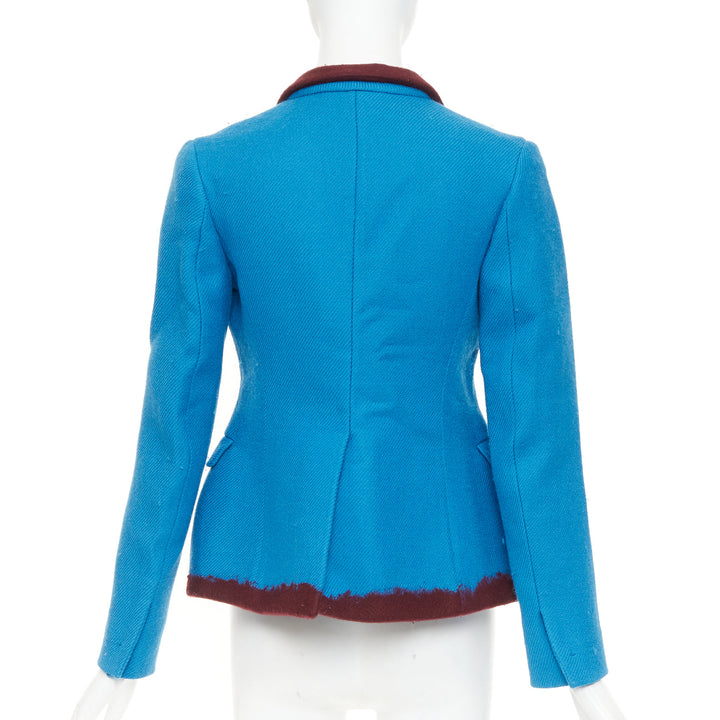 PRADA 2007 Runway turquoise wool raw edge burgundy felt trim blazer IT38 XS