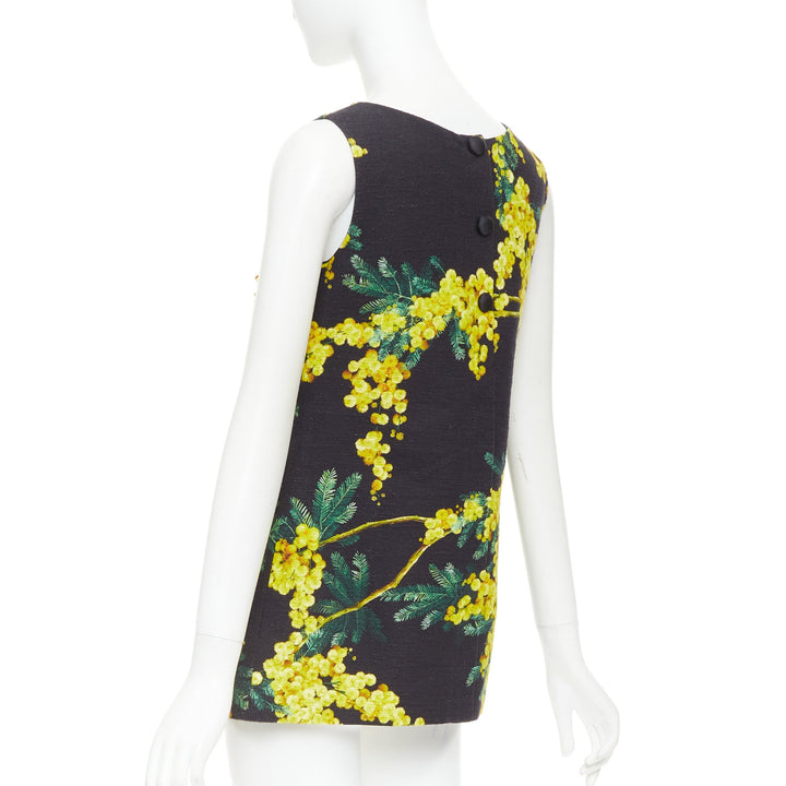 DOLCE GABBANA yellow black beaded mimosa acacia print floral tunic IT38 XS