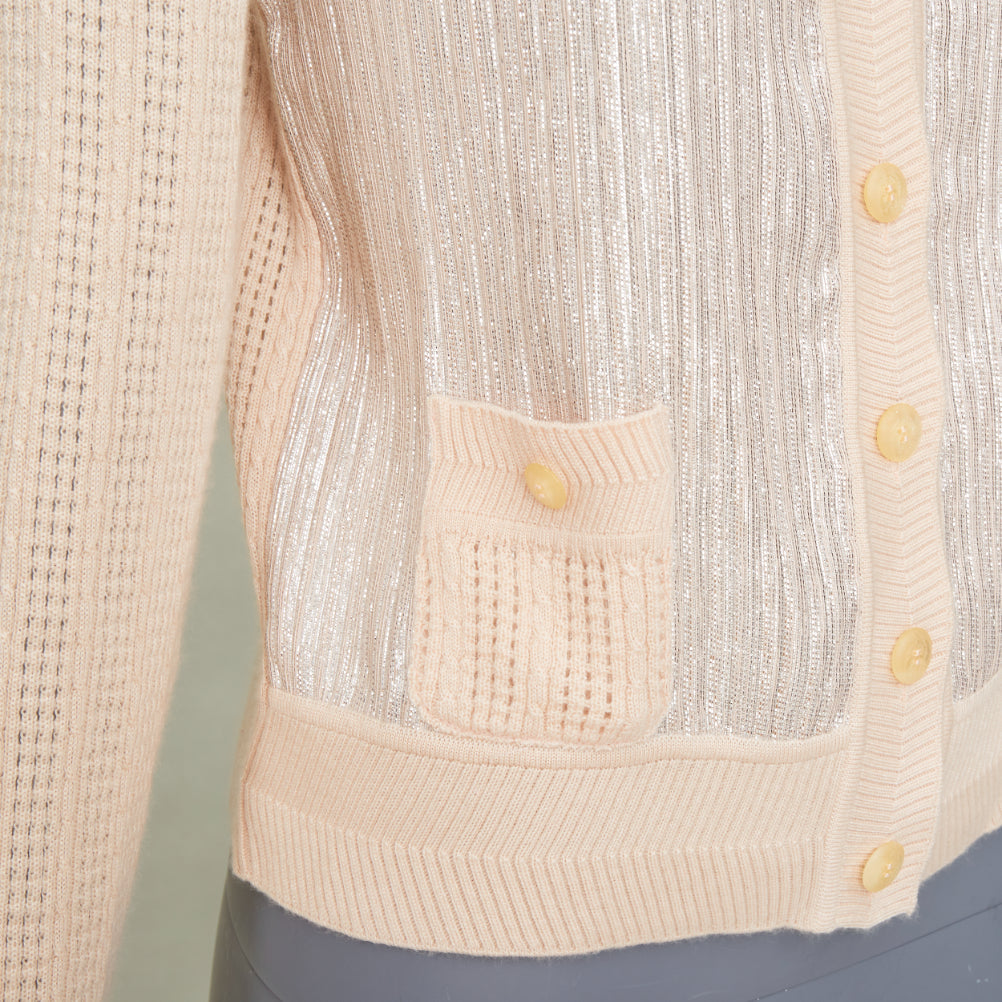 NINA RICCI silver metallic foil panel beige cashmere silk cardigan sweater IT40