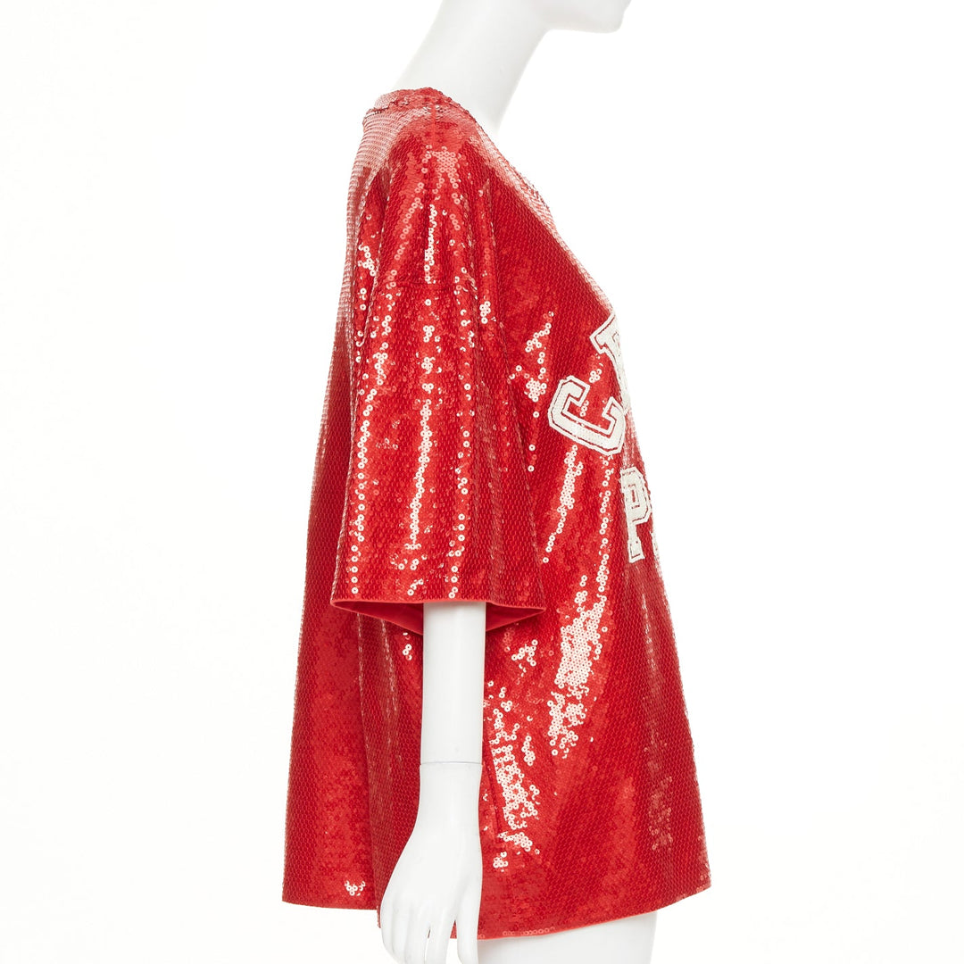 CELINE 2021 Runway red white sequin varsity logo oversized jersey tshirt S