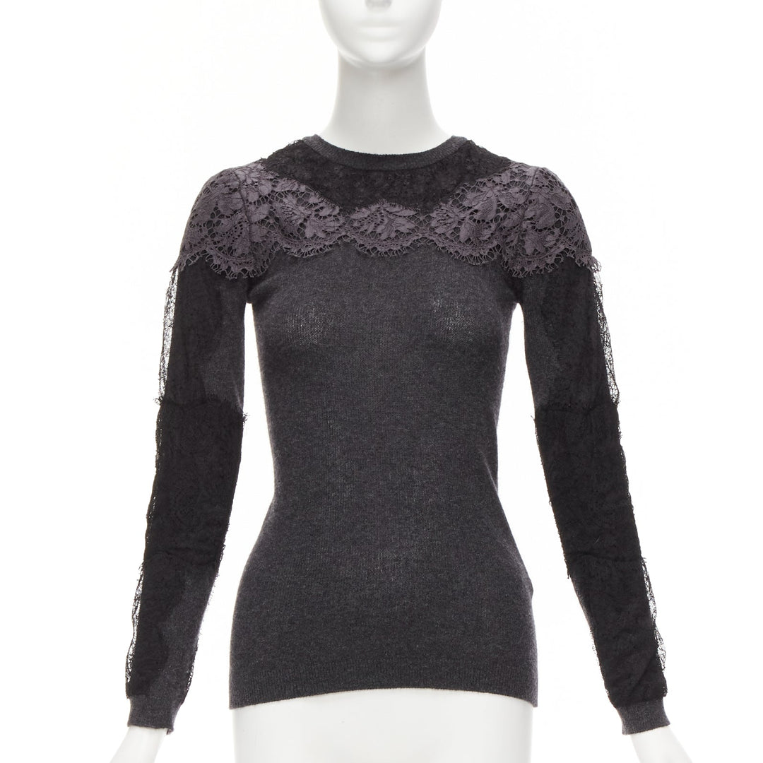 VALENTINO grey black lace virgin wool cashmere crew neck sweater XS