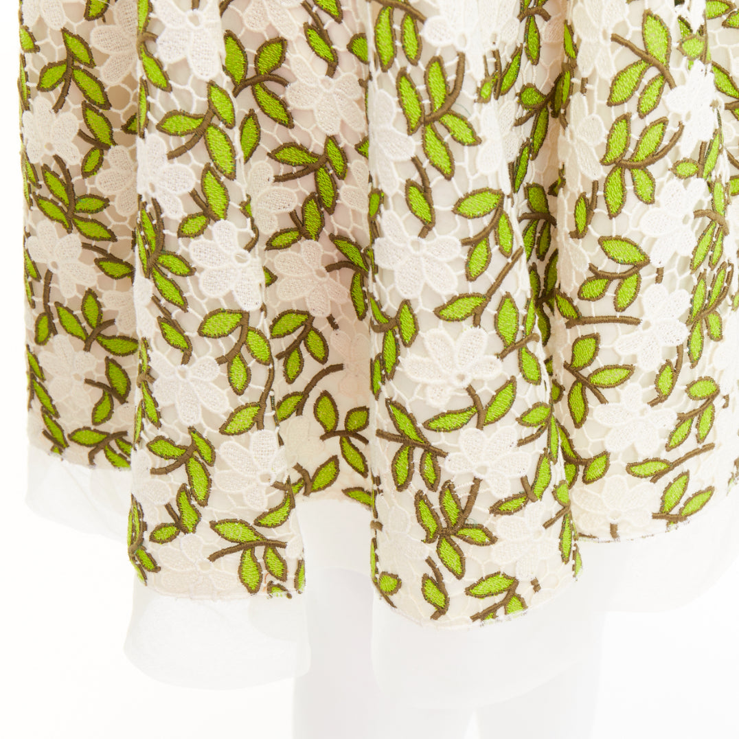 GIAMBATTISTA VALLI ivory green floral leaf embroidery anglais dress IT44 M