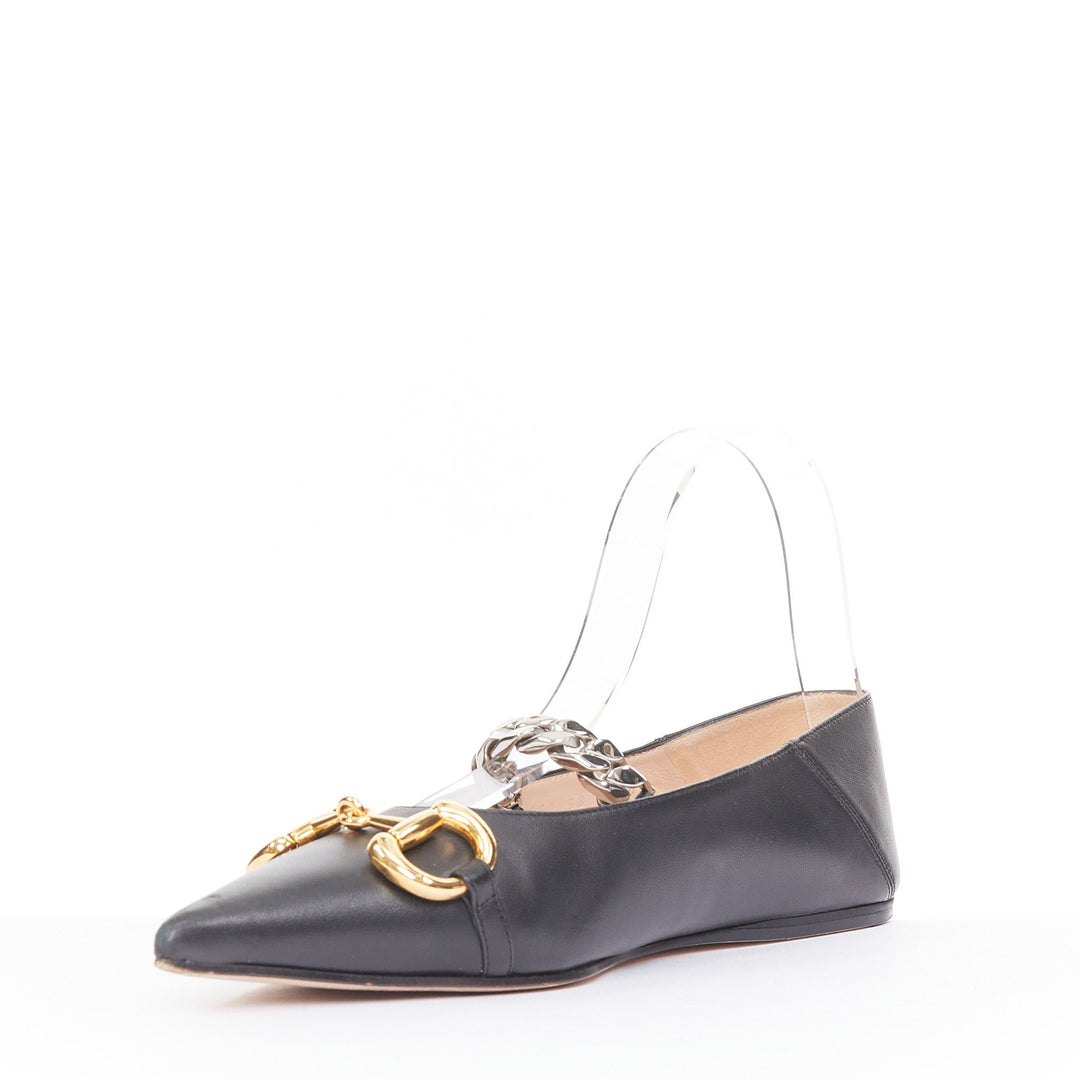 GUCCI 2020 Deva black leather horsebit chain strap pointed ballet flats EU38