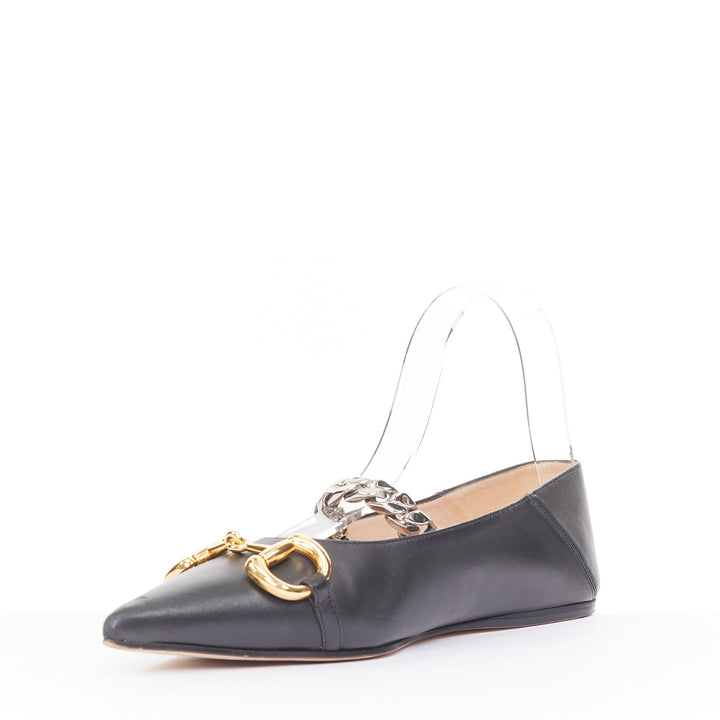GUCCI 2020 Deva black leather horsebit chain strap pointed ballet flats EU38