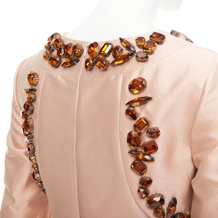PRADA 2014 jewel embellished brown blush wool silk gown IT38 XS