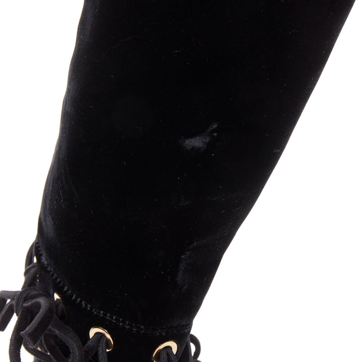 CHANEL 2016 Runway black velvet CC cap toe First Corset laced riding boots EU37