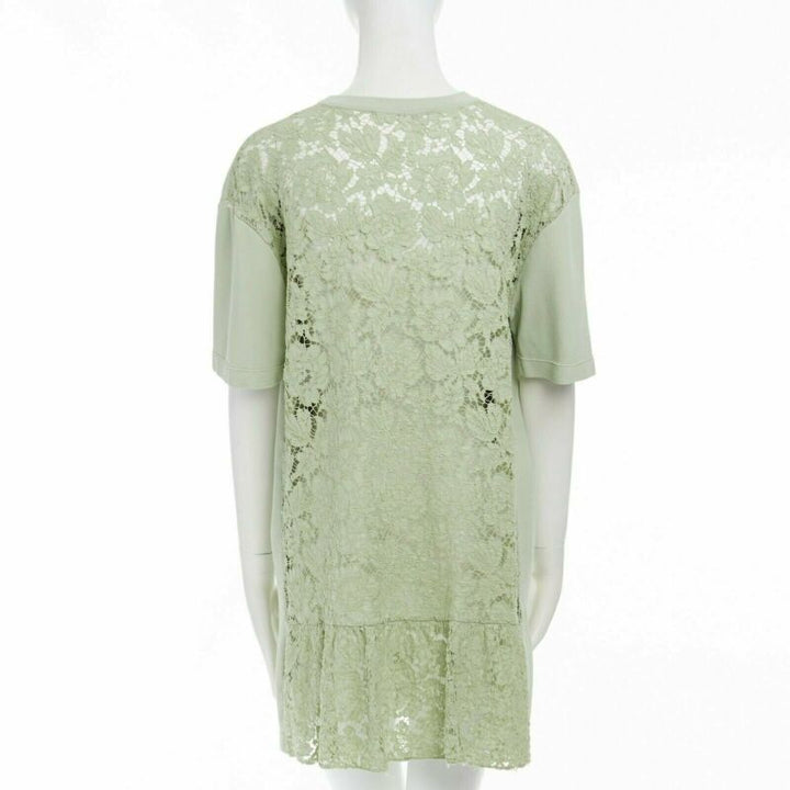 VALENTINO pastel green cotton crepe floral lace pleated back mini dress L