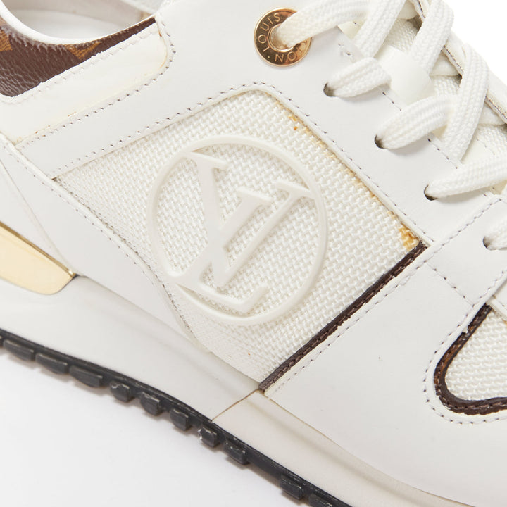 LOUIS VUITTON Run Away brown LV logo monogram white leather chunky sneakers EU38
