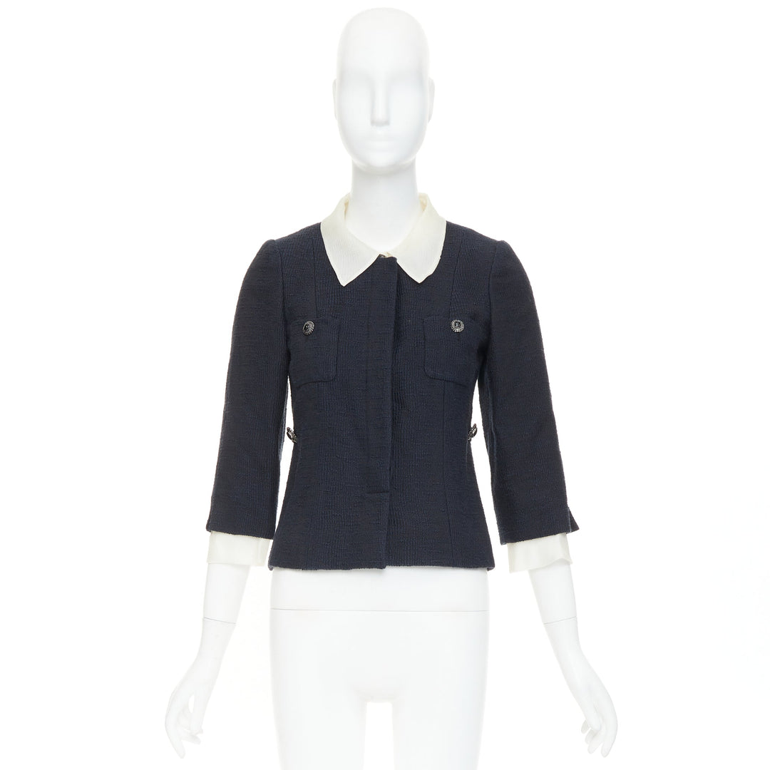 CHANEL 2010 Karl Lagerfeld Runway black cream silk trim collar crop coat FR36 S