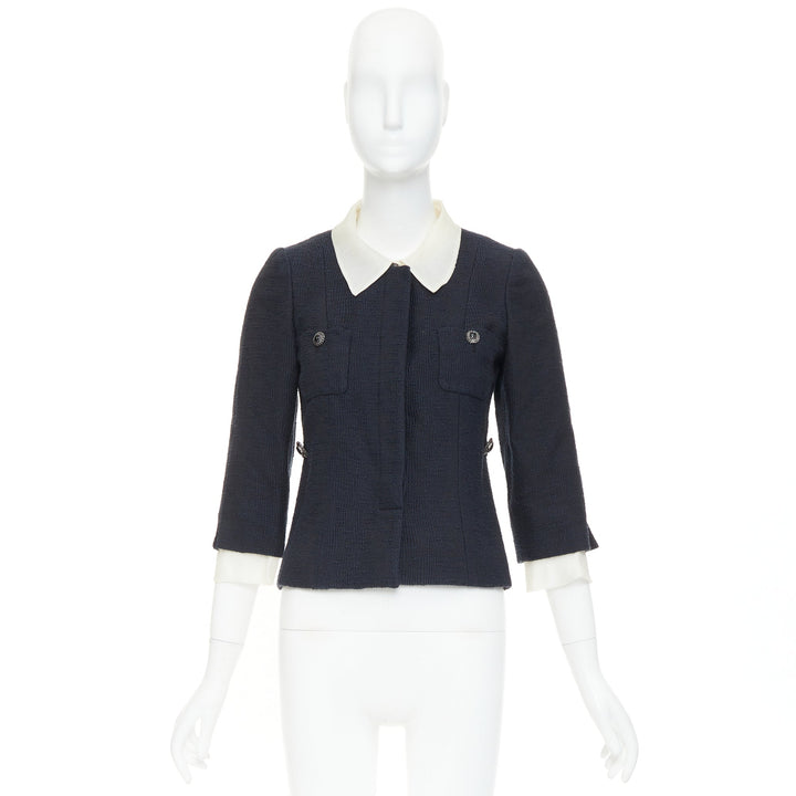CHANEL 2010 Karl Lagerfeld Runway black cream silk trim collar crop coat FR36 S