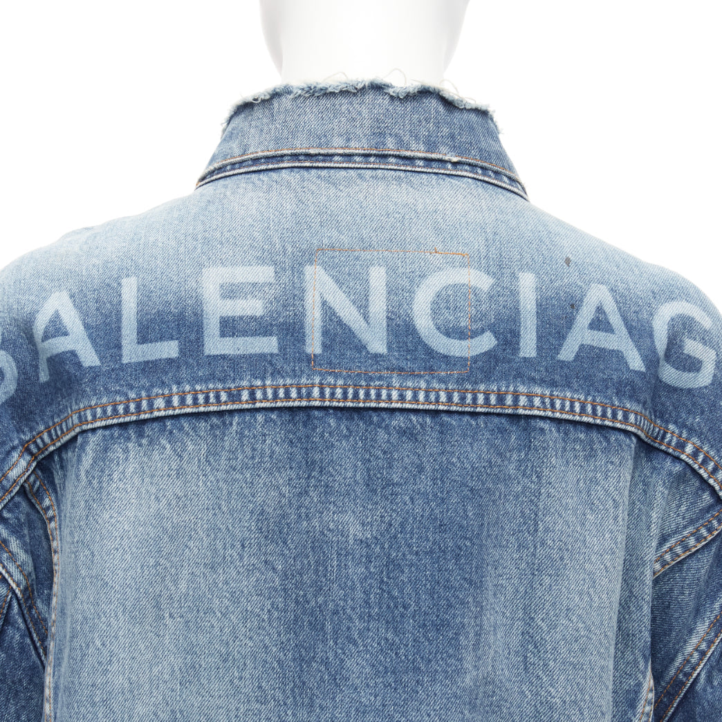 BALENCIAGA 2017 blue distressed denim logo back yoke oversized jacket FR34 XS