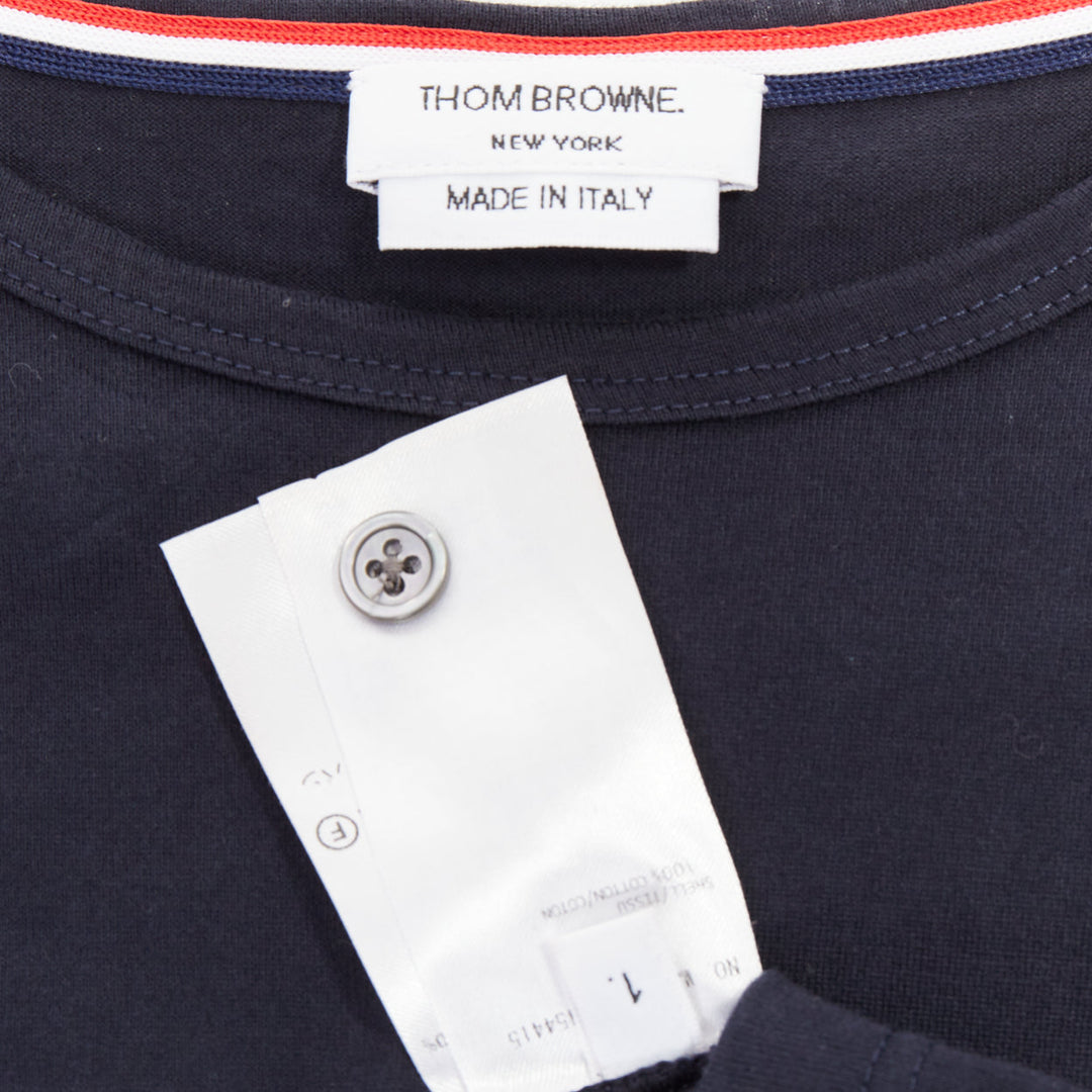 THOM BROWNE 2022 navy cotton RWB stripe trim short sleeve pocket tshirt Sz1 S