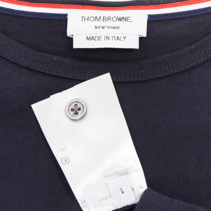 THOM BROWNE 2022 navy cotton RWB stripe trim short sleeve pocket tshirt Sz1 S