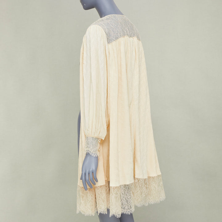 CHANEL ivory sheer silk georgette floral lace trim beach duster robe FR38 M