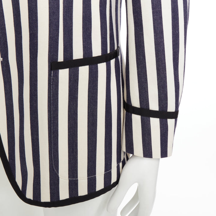 GUCCI navy cream cotton anchor buttons striped nautical blazer IT52 XL