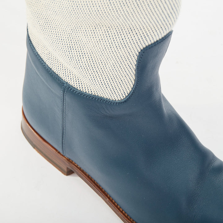 HERMES Jumping beige canvas navy blue leather Kelly buckle riding boots EU37.5