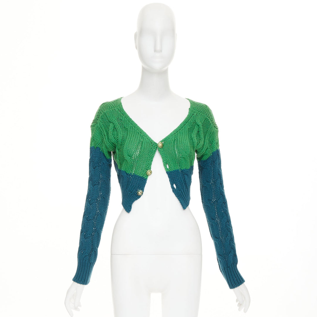 ETRO 2023 bicolor green teal cotton cashmere mixed cable knit cardigan IT38 XXS