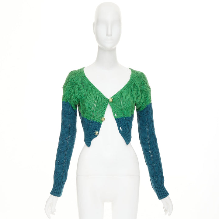 ETRO 2023 bicolor green teal cotton cashmere mixed cable knit cardigan IT38 XXS