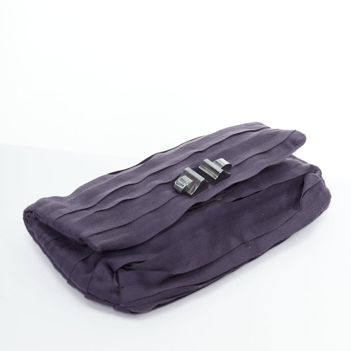 LANVIN purple satin pleated fabric silver buckle foldover clutch bag