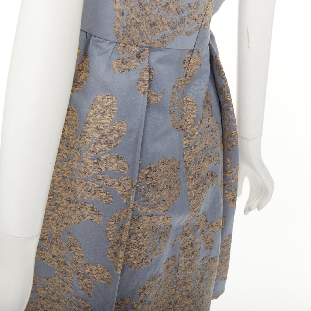 OSCAR DE LA RENTA F07 grey gold floral cotton flax jacquard dress US2 S