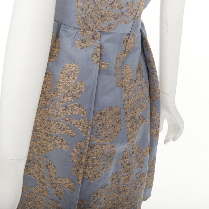 OSCAR DE LA RENTA F07 grey gold floral cotton flax jacquard dress US2 S