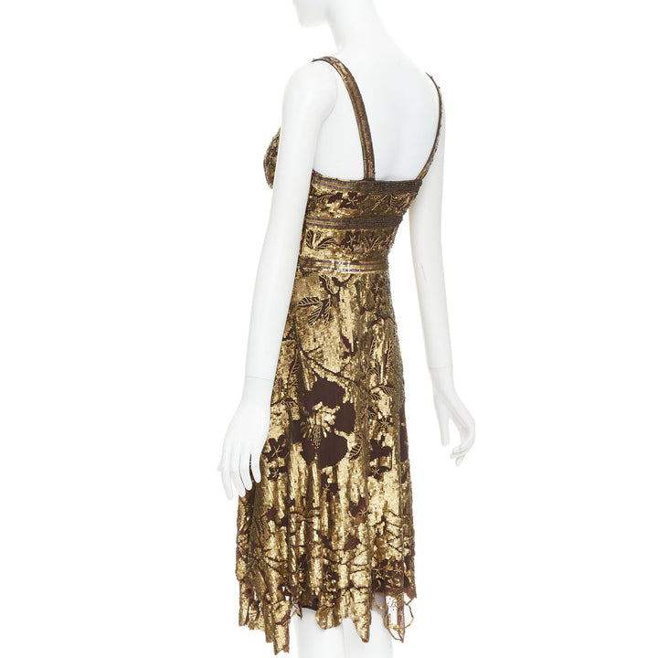 WUNDERKIND bronze gold brown 100% silk floral sequin handkerchief dress US2 S