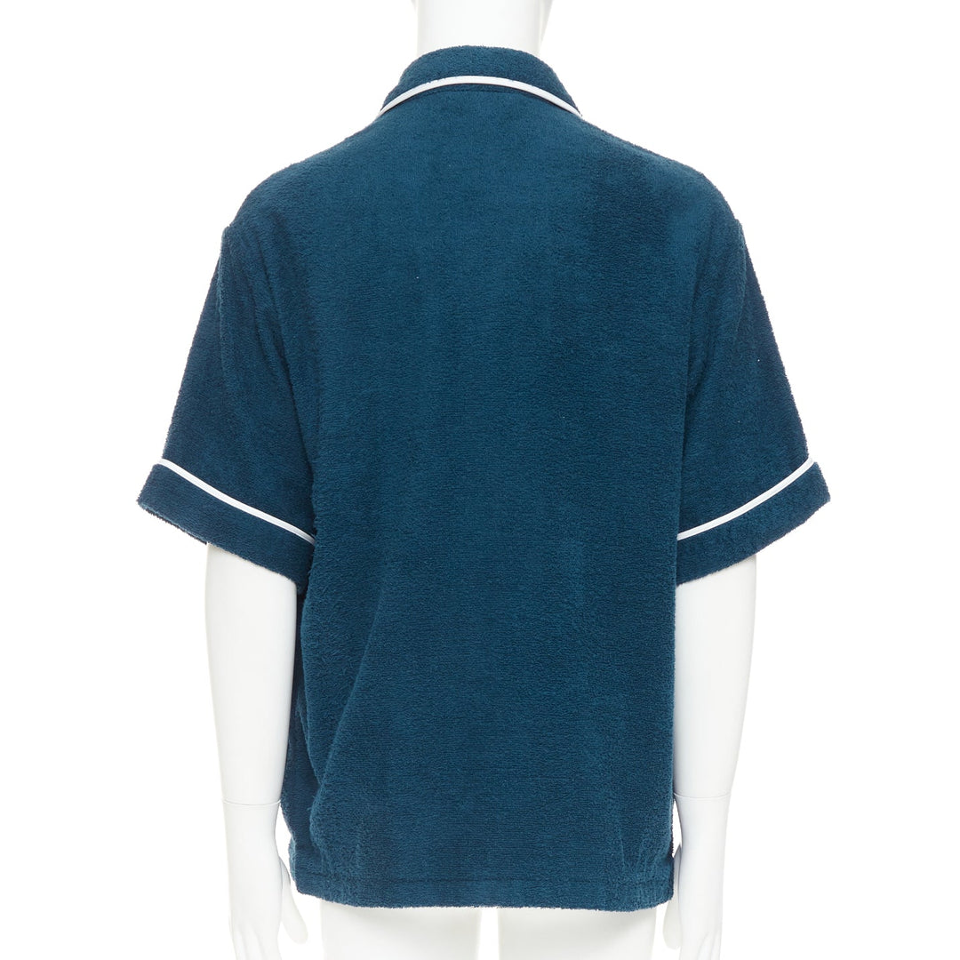 PRADA 2021 navy blue white terry cloth toweling cotton logo bowling shirt M