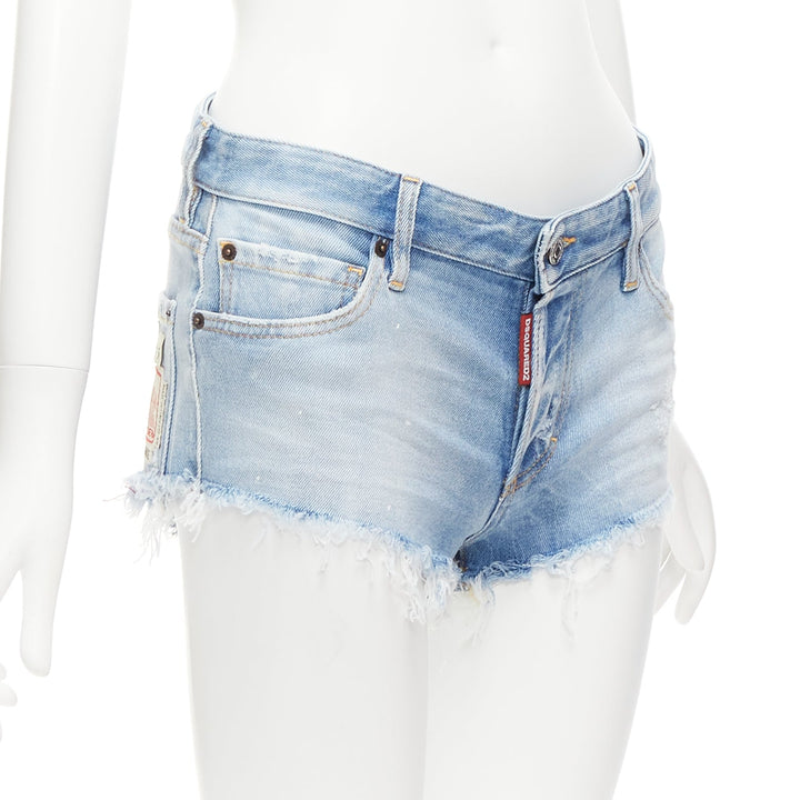 DSQUARED blue washed distressed logo patch frayed cut off booty shorts IT38 XS