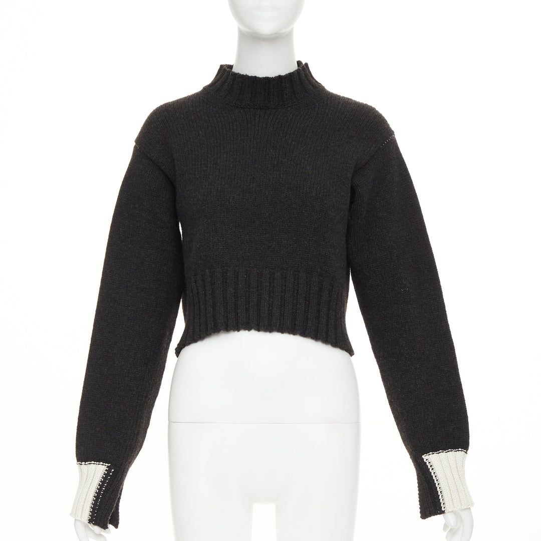 CELINE Phoebe Philo dark grey charcoal yak wool contrast cuff cropped sweater XS