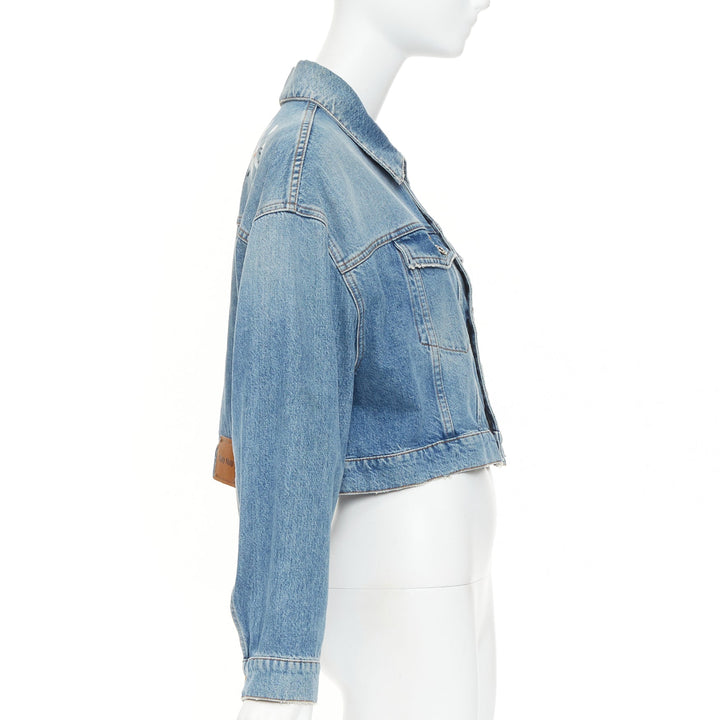 MIU MIU 2020 blue washed denim hand painted daisy floral cropped jacket IT36 XXS