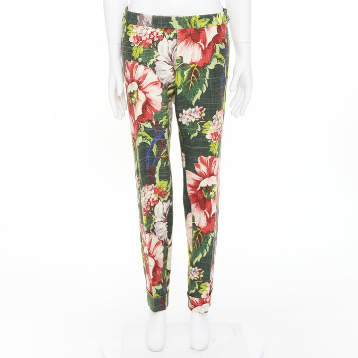 TOM FORD green pink cotton silk floral print slim tailored trousers IT48 M