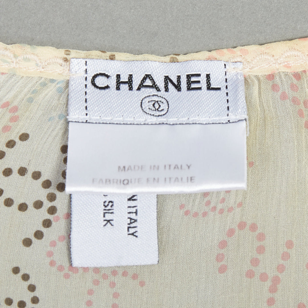 CHANEL 06P cream 100% silk CC dotted print allover wrap blouse FR36 S