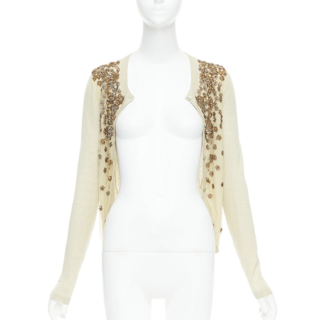 VALENTINO beige cashmere silk bead embellished crop cardigan M