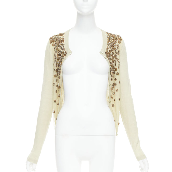 VALENTINO beige cashmere silk bead embellished crop cardigan M