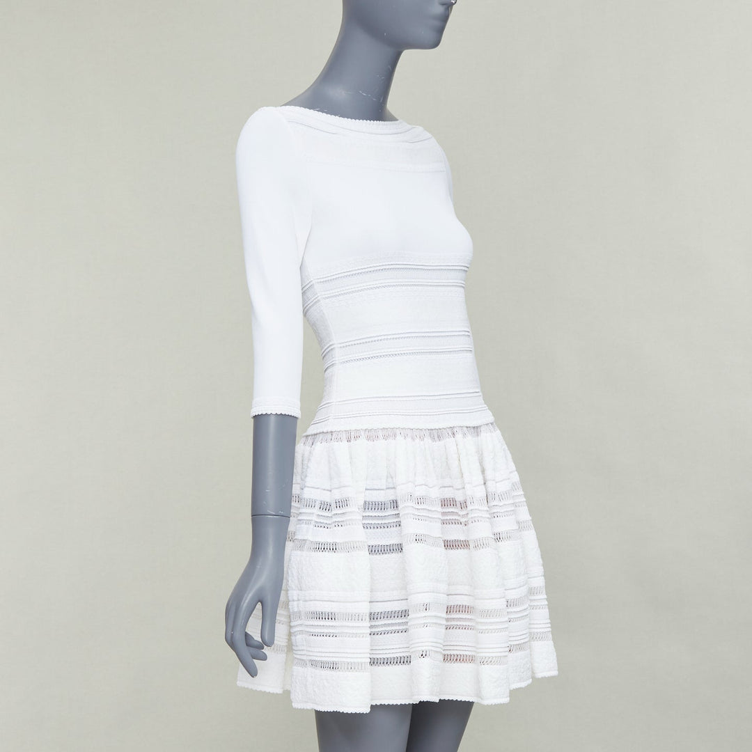 ALAIA cream viscose blend cropped sleeve bateau neck fit flare dress FR36 S