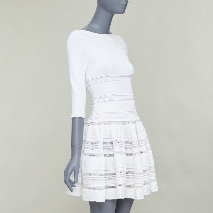 ALAIA cream viscose blend cropped sleeve bateau neck fit flare dress FR36 S