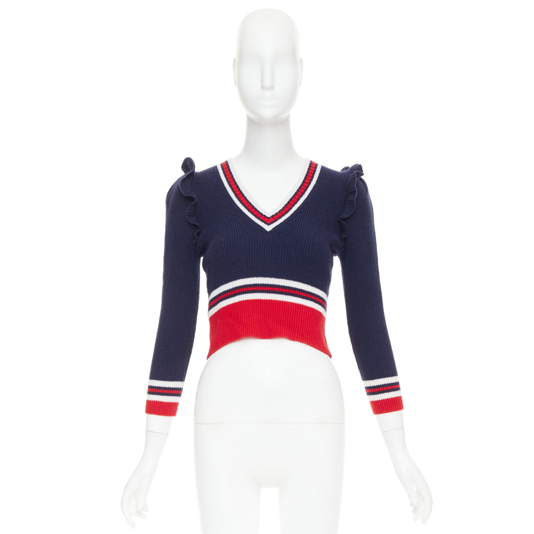 GUCCI 2017 Runway navy red ruffled shoulder cropped V-neck striped sweater XS