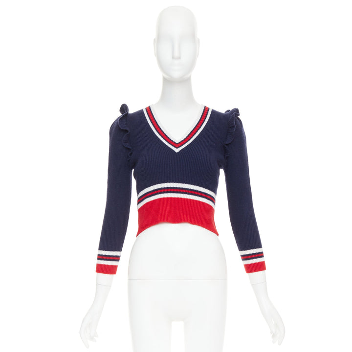 GUCCI 2017 Runway navy red ruffled shoulder cropped V-neck striped sweater XS
