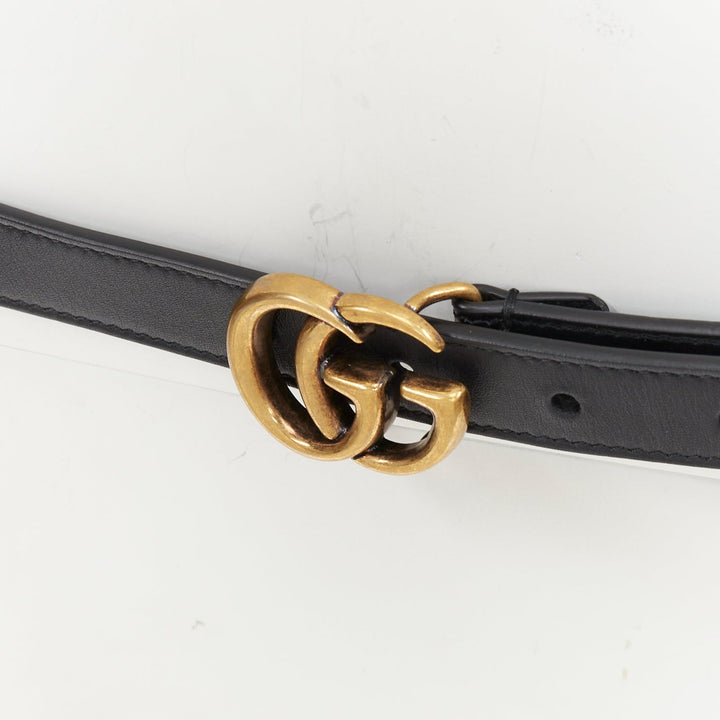GUCCI Double G Marmont antique gold black smooth leather thin waist belt 90cm