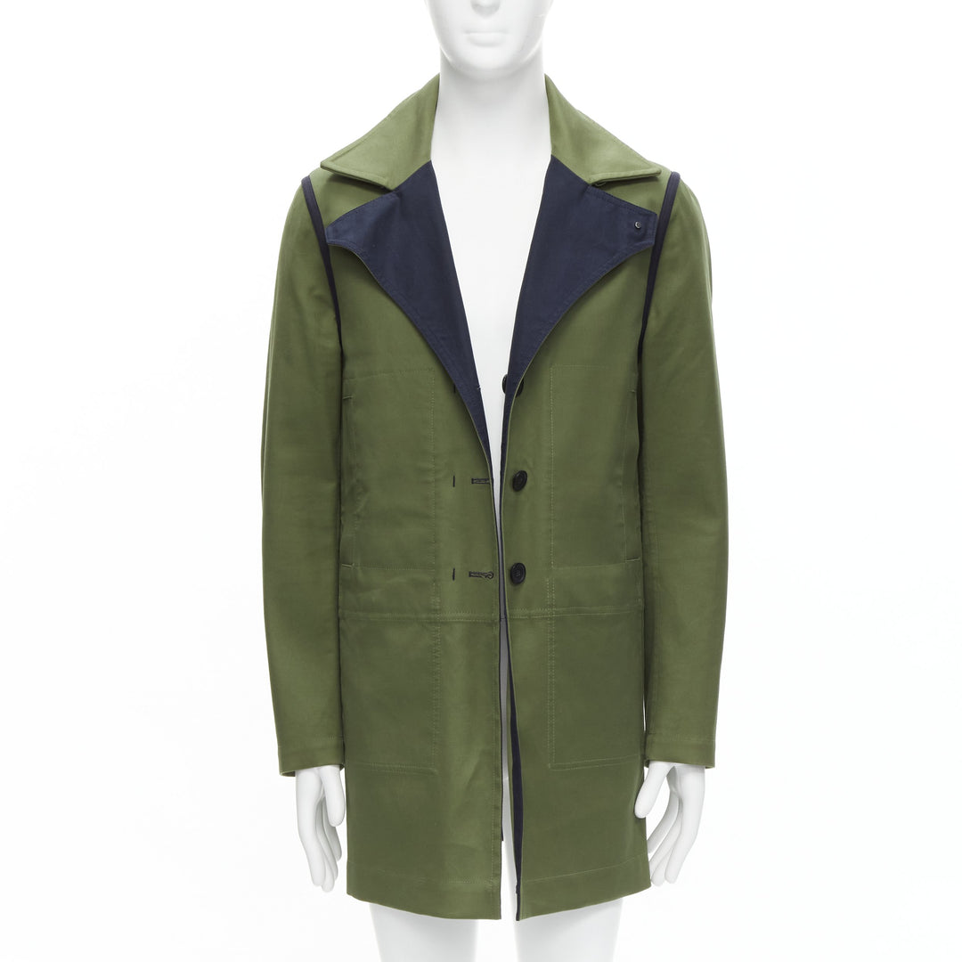 VALENTINO Reversible green navy cotton poplin oversized collar mid coat EU48 M