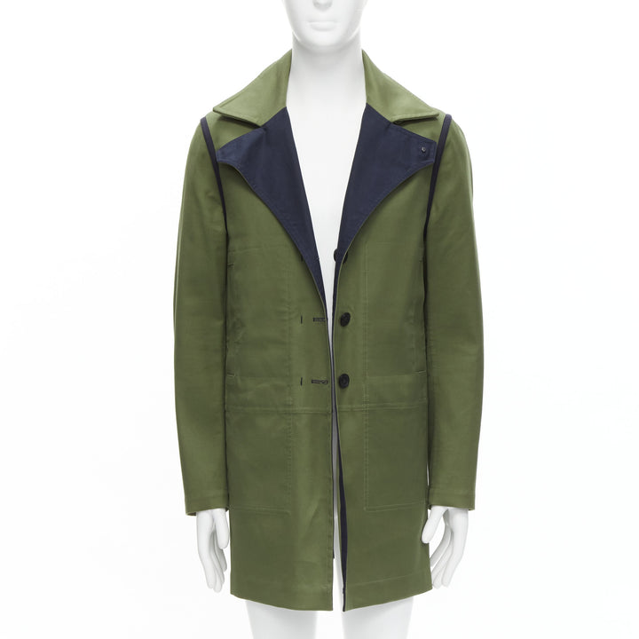 VALENTINO Reversible green navy cotton poplin oversized collar mid coat EU48 M