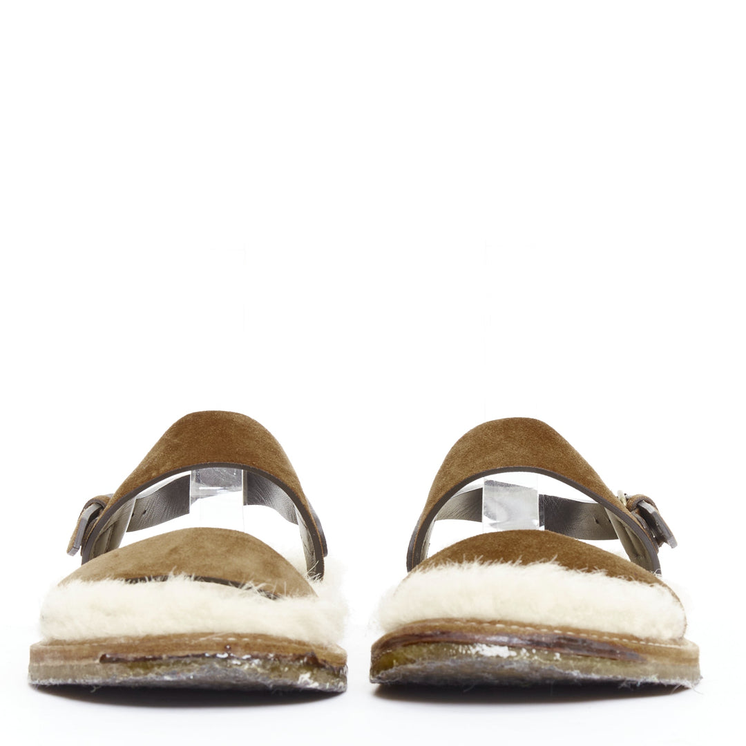 SAINT LAURENT Joan Noe tan leather cream shearling lined sandals EU38