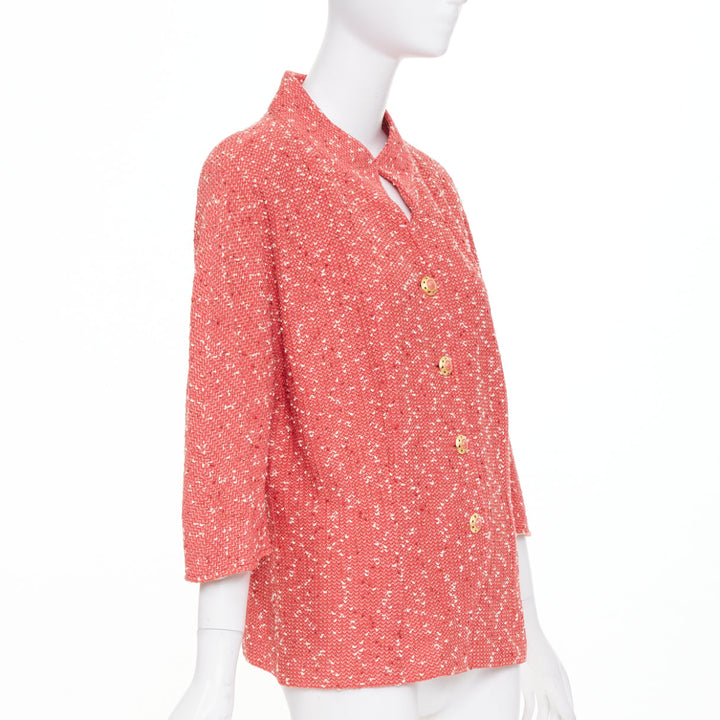 ST JOHN COUTURE light red textured boucle tweed gold button jacket US14 3XL