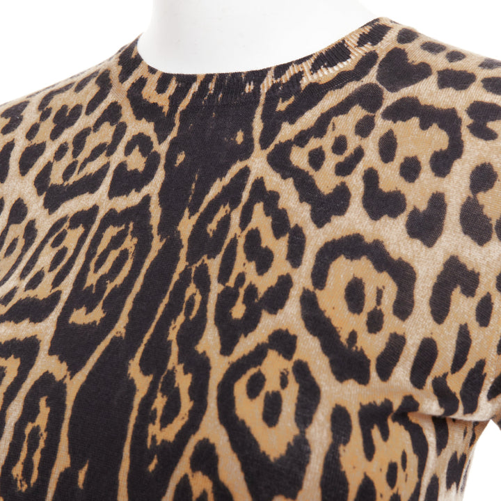 YVES SAINT LAURENT brown cashmere silk leopard logo crew knit sweater top S