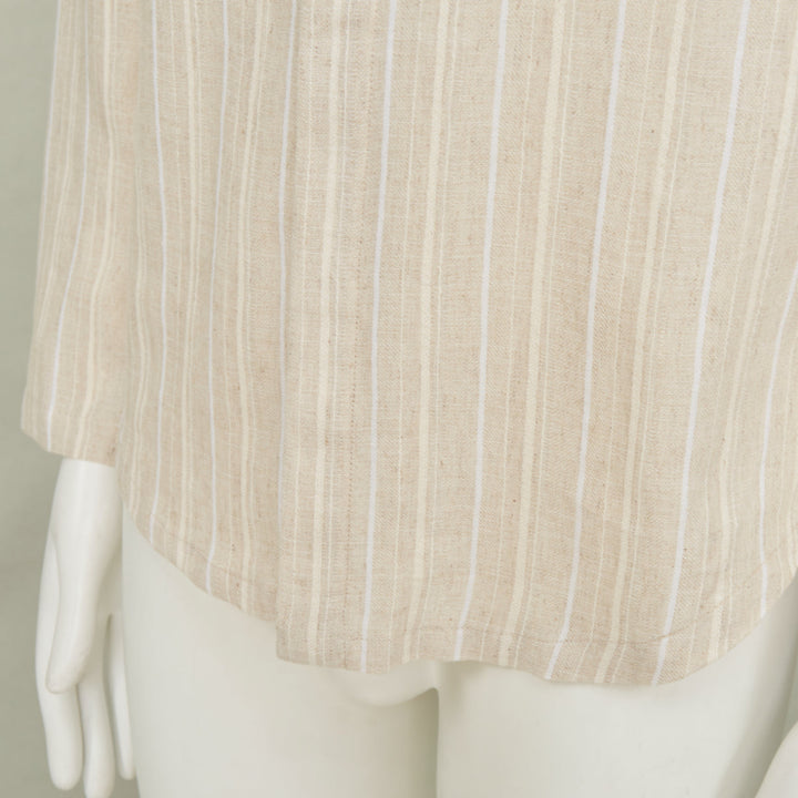 ADAMO beige vertical stripe mandarin collar button up long sleeve shirt M