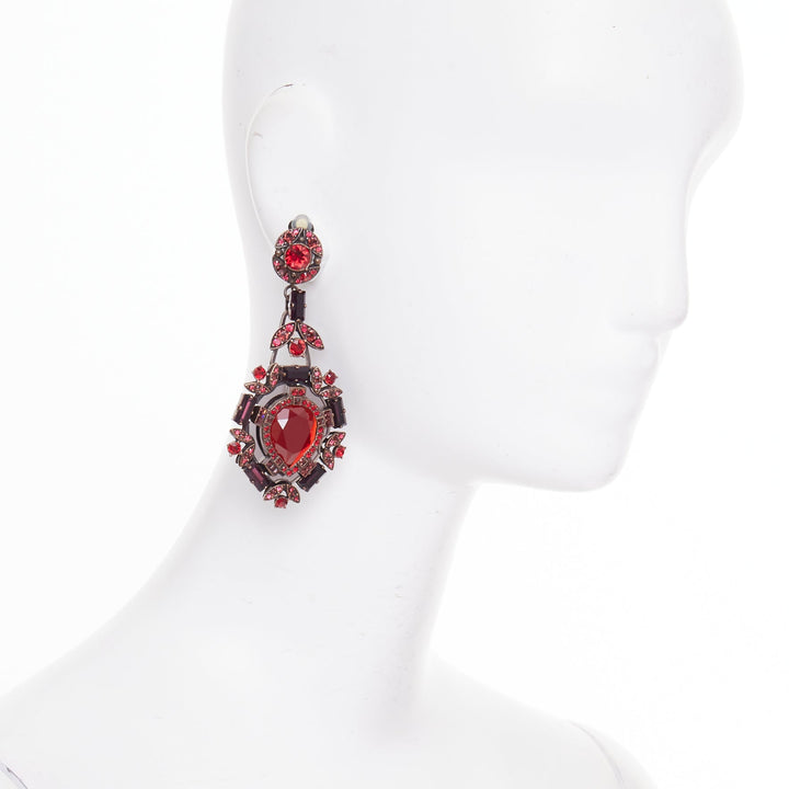 LANVIN Alber Elbaz red crystal rhinestone teardrop statement clip earrings pair